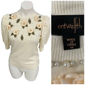 Ontwelfth Sweater Womens Size Medium Cream 3d Floral Beaded Puff Sleeve Office